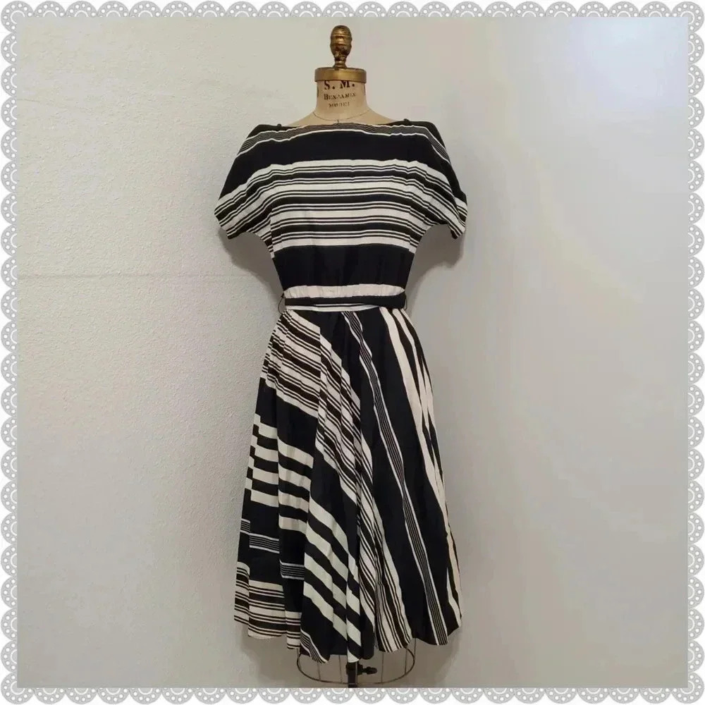 Vintage Black Ivory Striped Pinup Retro Belted Midi Dress